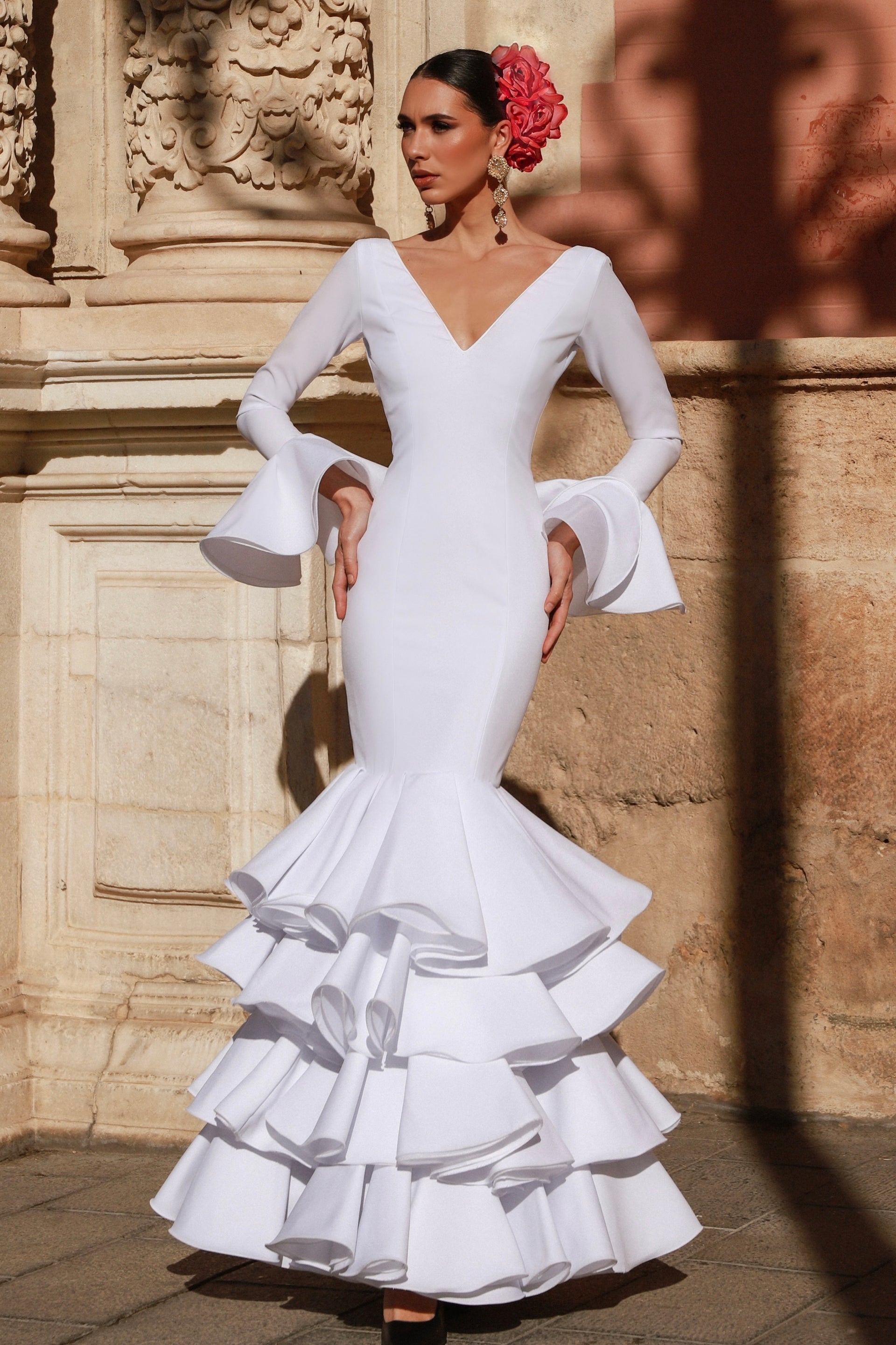 Spanish flamenco dancer, in a white dress, from behind striking a pose on  Craiyon, image size:1920x2881