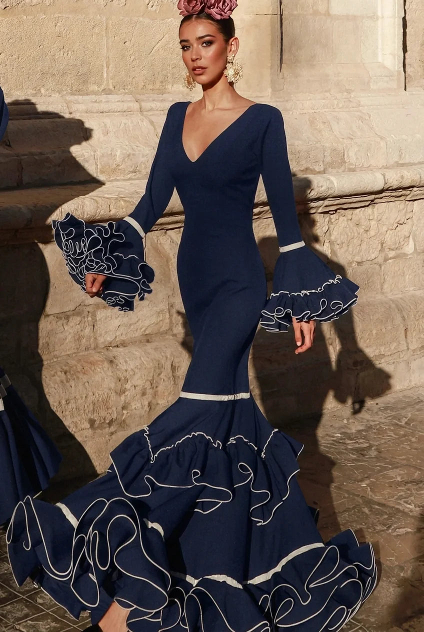 Vestido Flamenca Martina Azul Noche y Beige