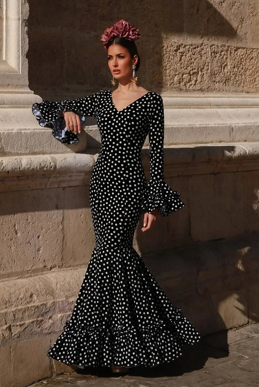 Vestido Flamenca Tulipán Negro Lunar Blanco